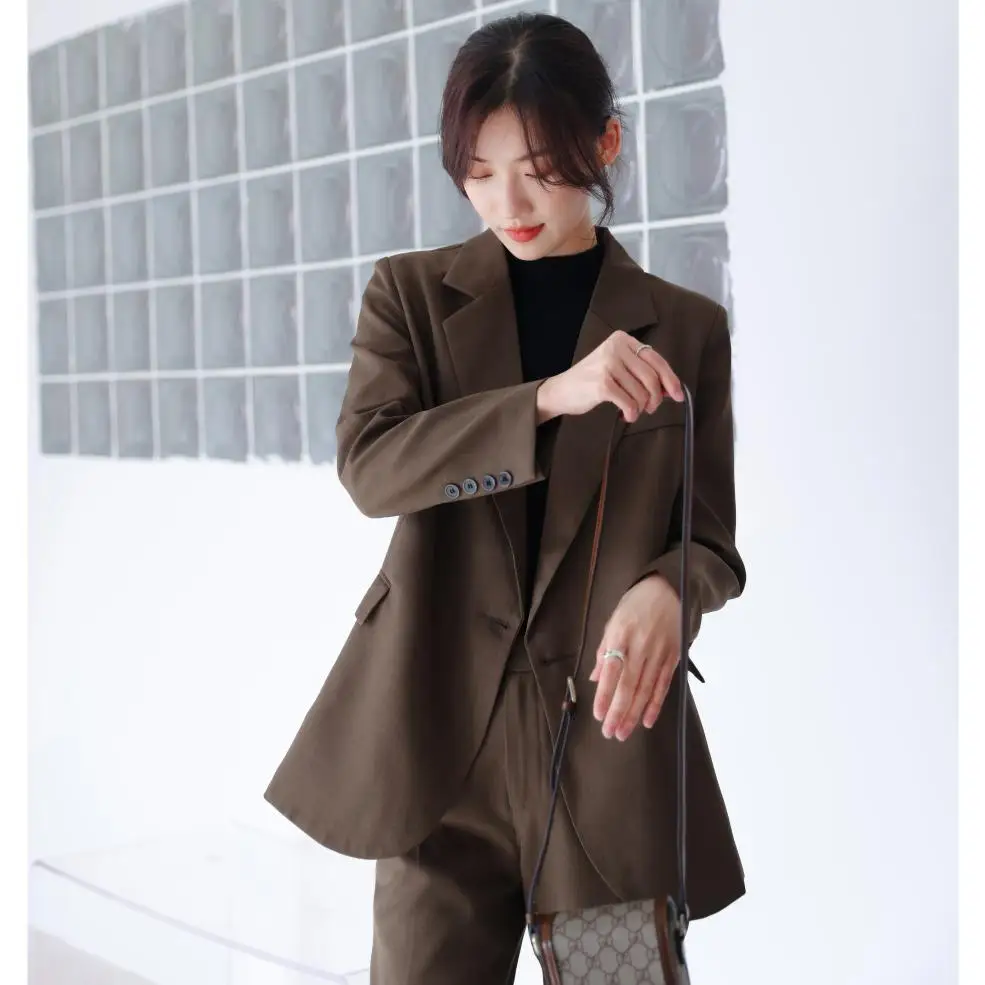 Women Vintage Office Lady Classic Two Piece Set Long Sleeve Blazer+High Waist Straight Leg Long Pants Setup Outfits