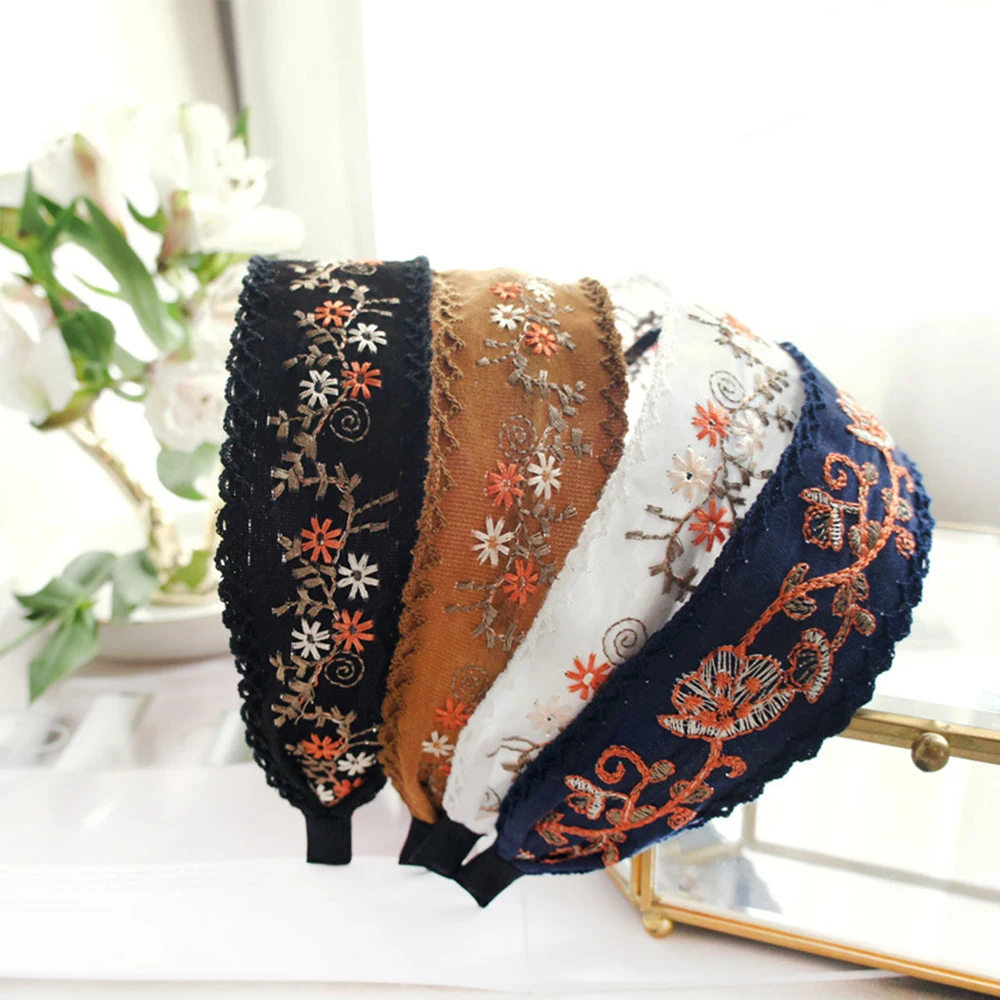 Ethnic Embroidered Lace Headband Hairband Girl Boho Suede Floral Fabric Hair Bands Hair Accessories