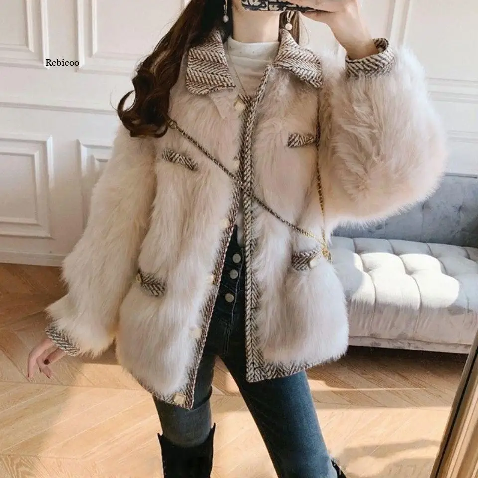 

New Winter Small Fresh Temperamental Coat Soft Patchwork Short Color Matching Faux Fox Fur Outwear Mujer Female Jacket