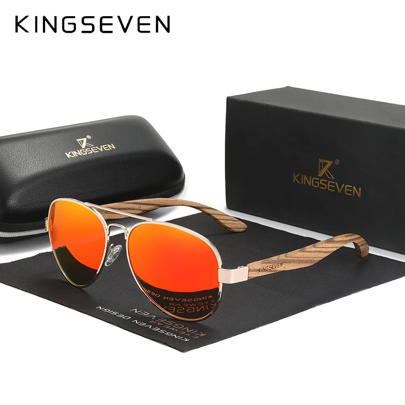 KINGSEVEN 2024 Neue handgefertigte Holzsonnenbrille, polarisierte Herrenbrille, UV400-Schutz, Spiegelbrille, Holzbügel, Oculos Z5518