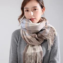 겨울 100% 모직 스카프 여성 짙은 베이지 색 체크 무늬 Echarpe Shawls 및 랩 체크 무늬 Pashmina 캐시미어 스카프 Foulard Femme