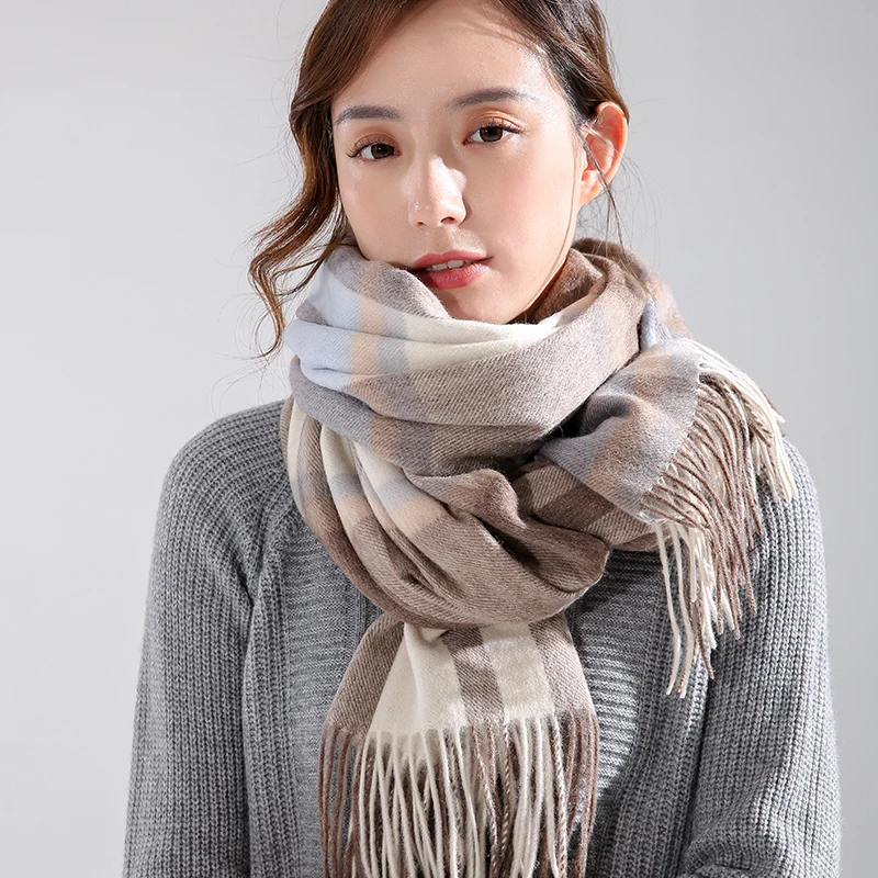 Winter 100% Wool Scarf Women Thicken Warm Beige Plaid Echarpe Shawls and Wraps Checkered Pashmina Cashmere Scarves Foulard Femme