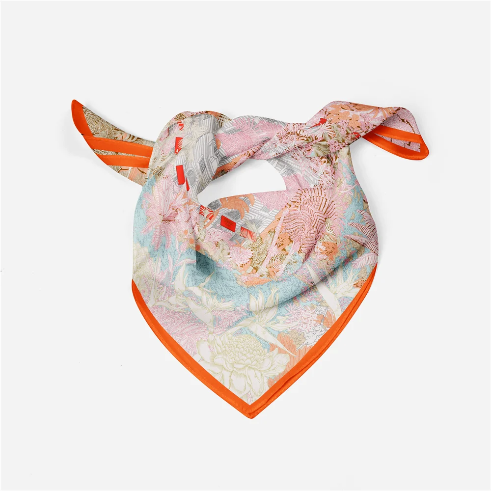 Twill Silk Scarf Woman Jungle City Print Square Scarves Wraps Bandana Small Hijab Foulards Lady Tie Headband Neckerchief 53CM