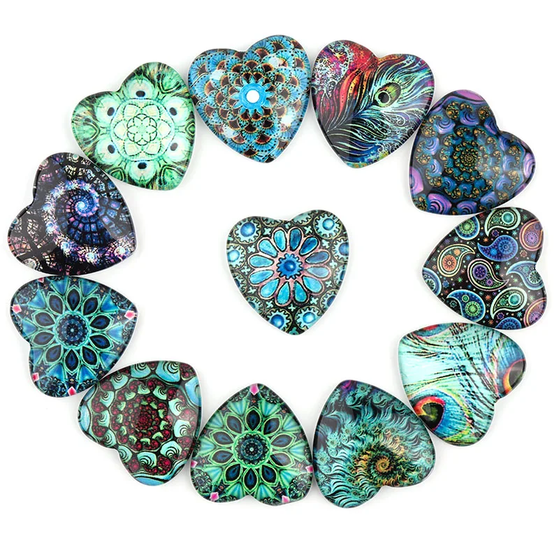 10pcs Heart Shaped Charm Peacock Feather Pattern 10/12/14/18/20/25mm Blank Flatback Glass Cabochon For DIY Pendant Accessories