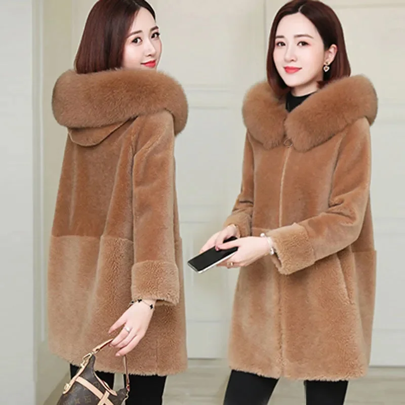 Women Faux Fur lamb Plush Coat 2023 Thicken Autumn Winter Sheep Shearing Overcoat Women Coat Jacket Femme Hooded Warm Jacket C