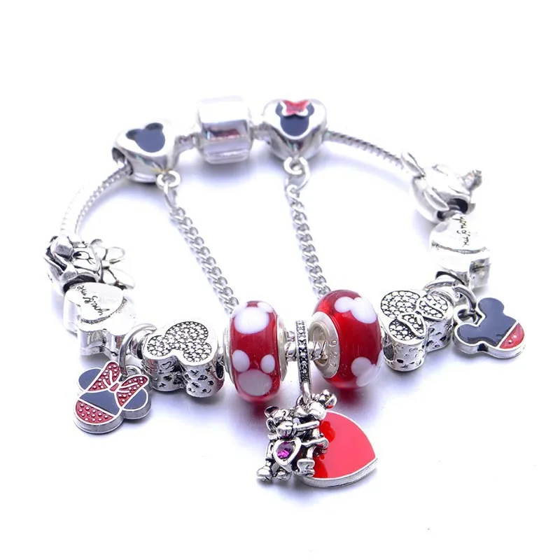 American cartoon characters cute big hole beaded charm bracelet lady red enamel mouse pendant jewelry Valentine's Day gift