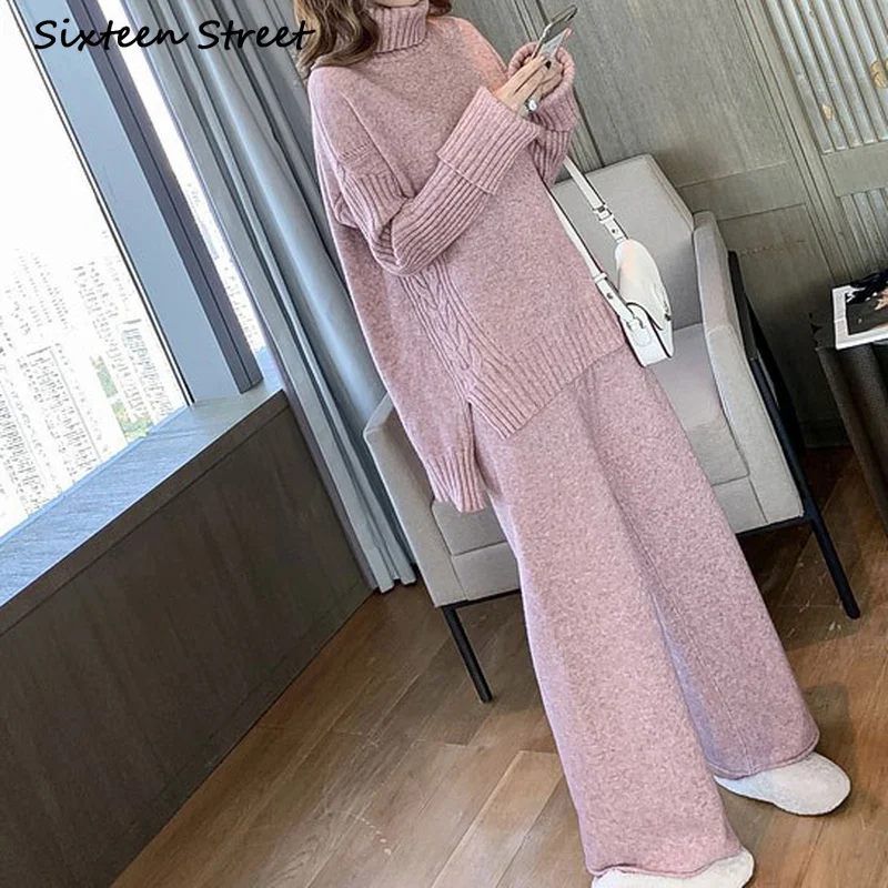 

2021 Autumn Winter Korean Fashion Clothing Turtleneck Split Sweater Loose Wide Leg Pants Two Piece Suit Elegant Ladies Vintage