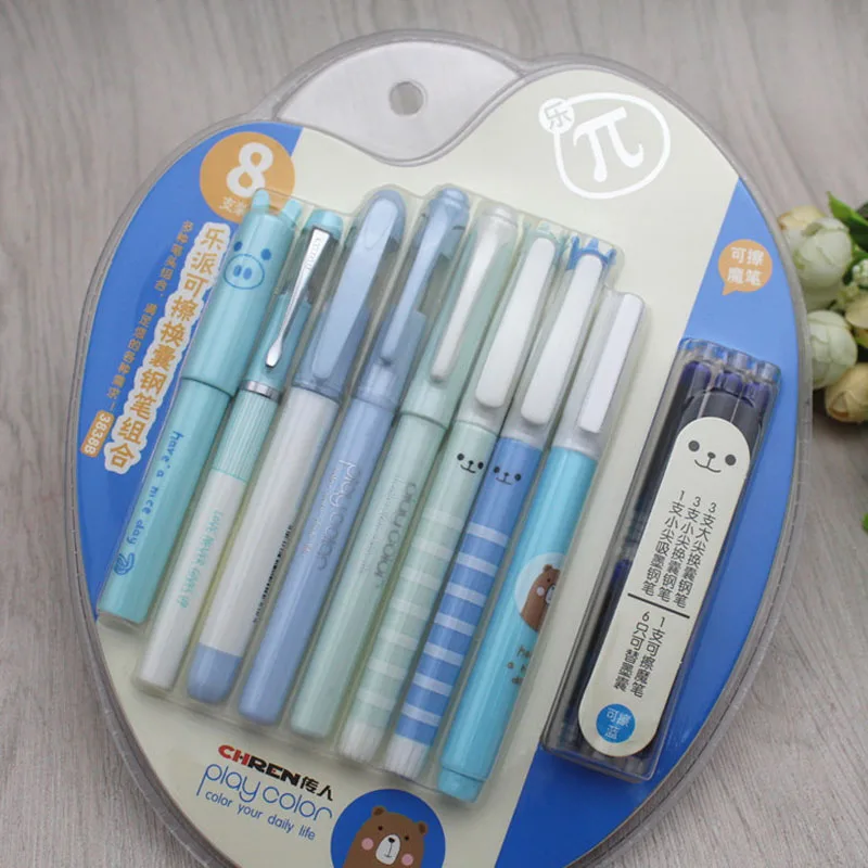 Conjunto de canetas tinteiro coloridas fofas kawaii, 14 lâmpadas com tinta azul apagável para crianças, presente coreano, material de escritório e