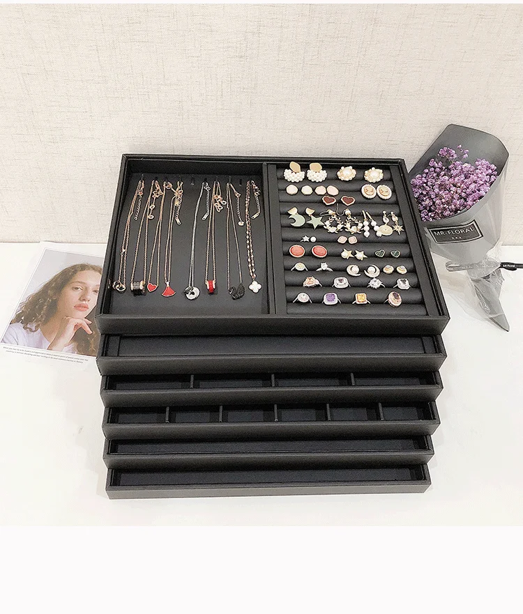 Classic Black PU Leather Jewelry Disply Jewellery Organizer Hairpin Storage Box Necklace Ring Earring Holder Jewelry Tray Series