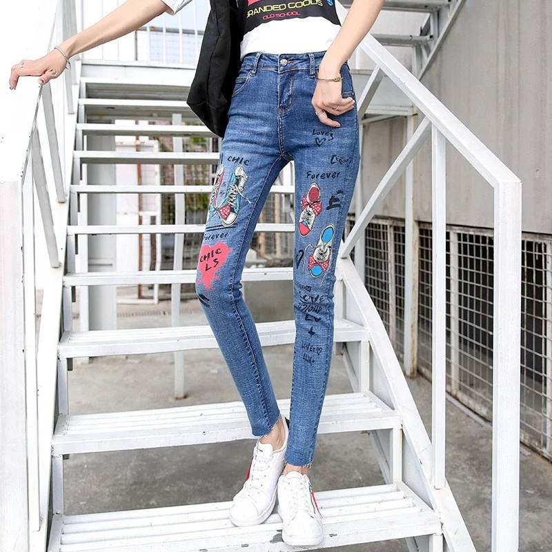 

Skinny Women Ankle Length Jeans Korean Style Spring Autumn Distressed Elastic Light Blue Printed Denim Pants Female Pencil Pants