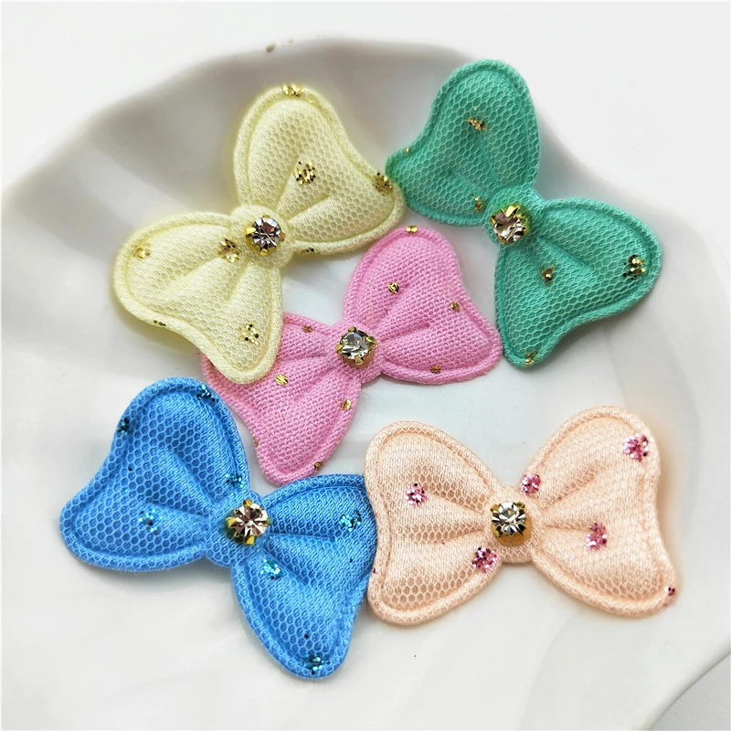 Diamond Bowknot Padded Appliques for DIY Hat Clothes, Leggings, Sewing Supplies, Headwear Decor Patches, 3.9*2.5cm, 50 PCs/Lot