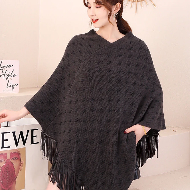 Fringe Bohemian Poncho  Winter Knitted Clothing  Oversied Cape Loose Vintage Sweater Jumper Geometry Women Girl Black