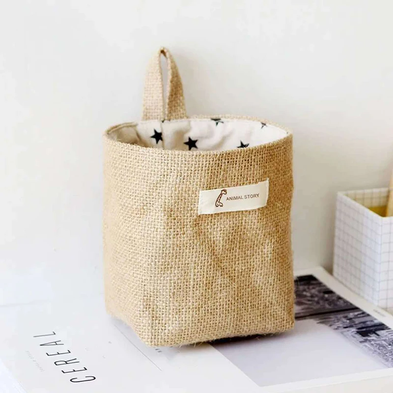 Desktop Storage Basket Jute Cotton Linen Bag Hanging Pocket Small Sack Sundries Storage Box With Handle Cosmetic Storage Bag