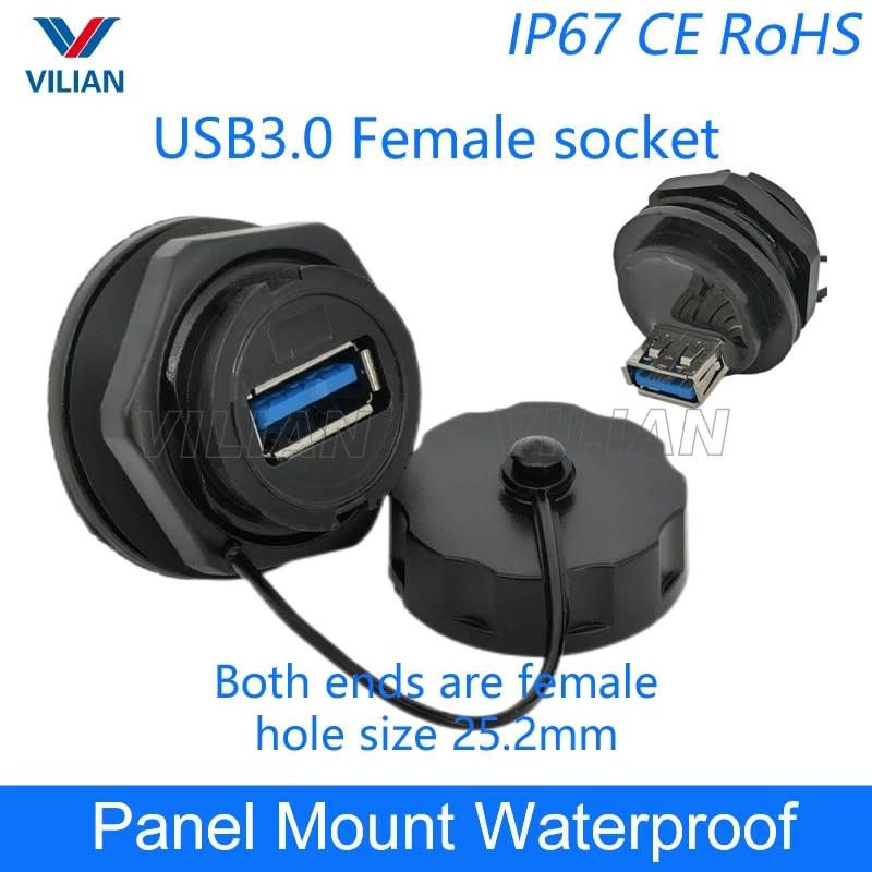 

USB 3.0 female socket plug Panel Mount adapter Waterproof Connector IP67 extension cord connector With cap 65pcs