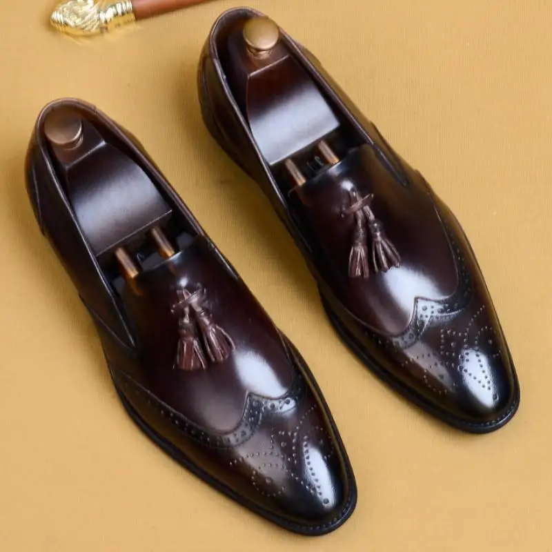 

Casual Business Genuine Leather Men Shoes Handmade Carving Tassel Dress Shoes Mens Daily Office Work Pointed Toe Shoes Big Yards