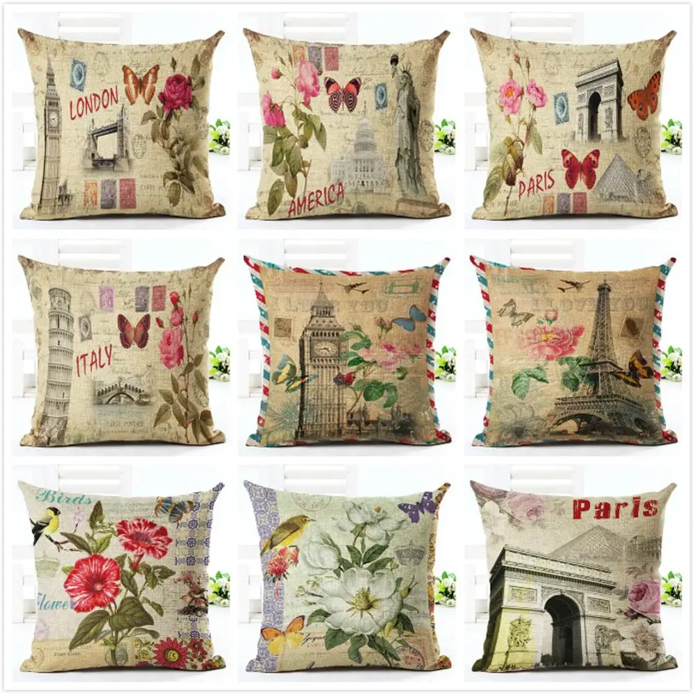 European Building Cushion Cover Cotton Linen Pillow Case American Painting Sofa Decorative Pillowcase Home Accessories Cover