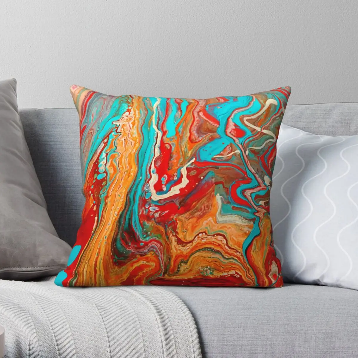 Red Orange Teal Paint Pour Square Pillowcase Polyester Linen Velvet Pattern Zip Decor Pillow Case Room Cushion Cover