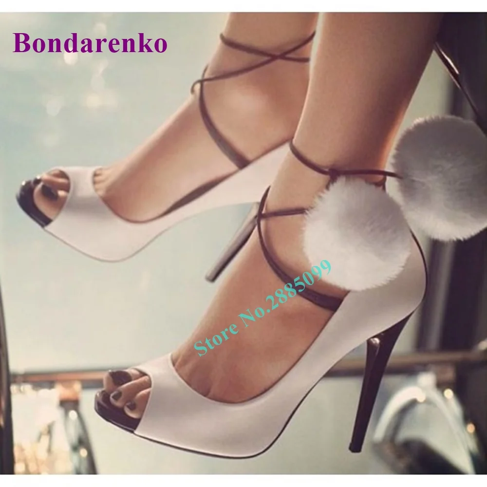 

Pom Shoes Peep Toe Stiletto Heel Strappy Pumps White Solid Lace Up Fur Ball Ankle Straps Shallow Pump Women Party Shoe Spring