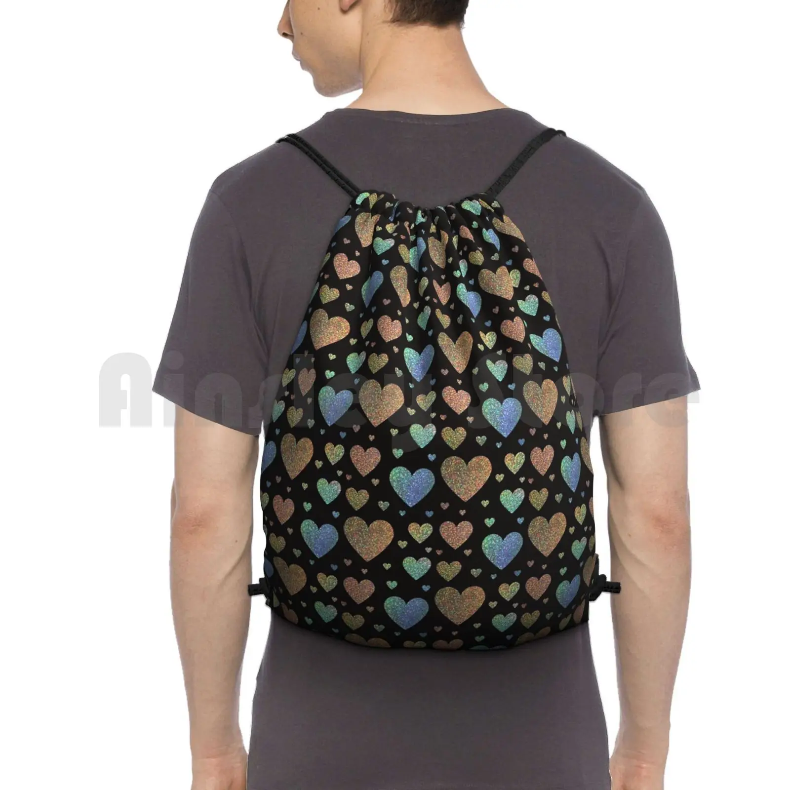 Holographic Rainbow Ombre Glitter Hearts Backpack Drawstring Bags Gym Bag Waterproof Glitter Art Sparkle Glitter Sparkle