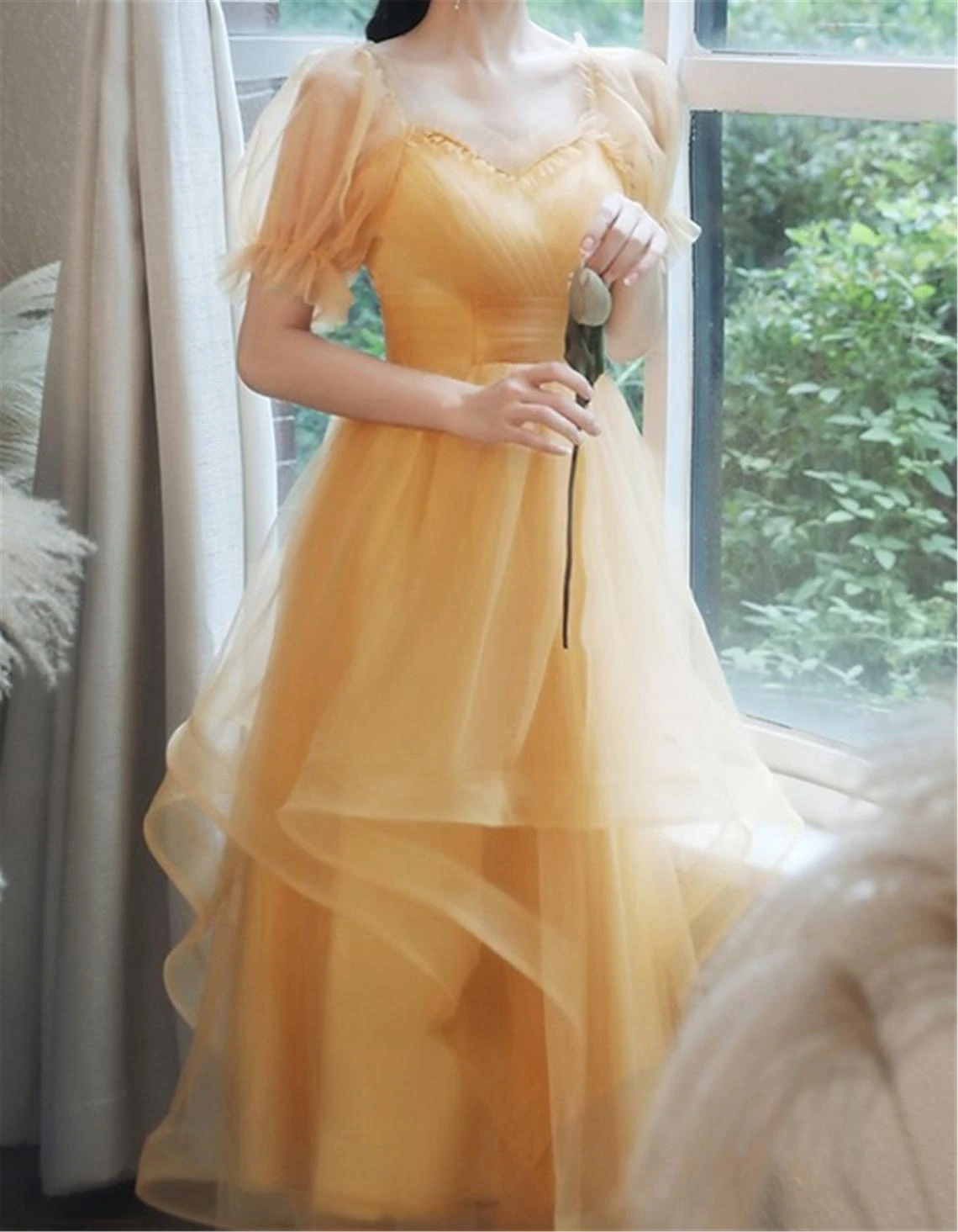 Abito da ballo fata giallo abito da ballo abito da sera lungo in Tulle con manica elegante abito da damigella d'onore abito da ballo di laurea personalizzato