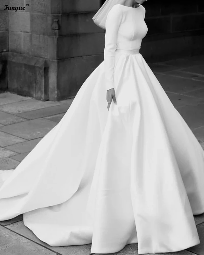 Customized Draped Back Church Wedding Dress Satin Long Sleeves Bridal Ball Gown Scoop Indoor Bride Dresses Robe De Mariée