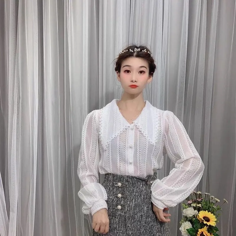 Autumn New 2024 Fashion Women Long Sleeves Peter Pan Collar Tops Shirts Female Elegant Lace Office Ladies Hollow Out Blouses S97