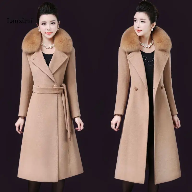 

New Slim Women outerwear winter clothing fashion warm woolen blends coat female Belt elegant Double Breasted woolen coat