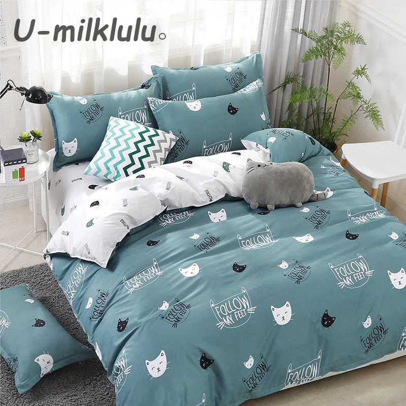 Cat Printed Bedding Set, Nordic Sheet Set, Green Duvet Cover Single Double, Queen, King Size, Elastic Bed Set, Pillowcases, 4Pcs