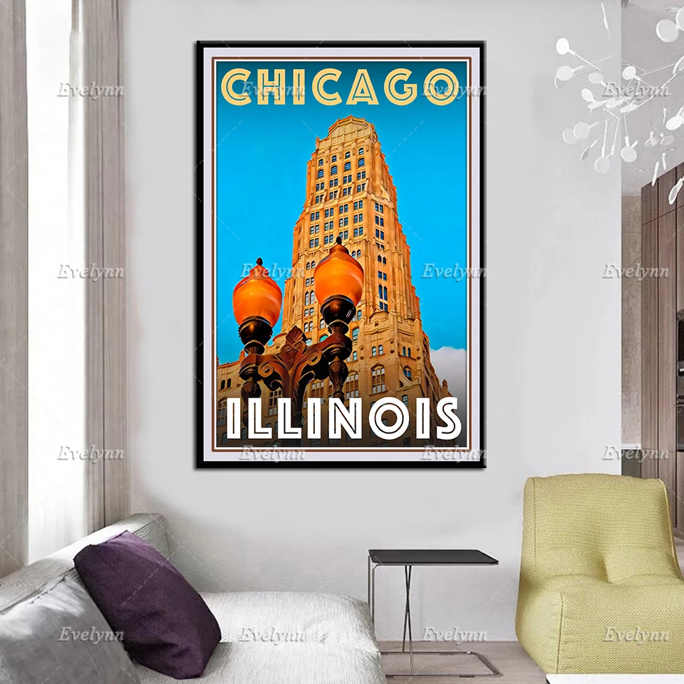 Retro Vintage Style Travel Poster Chicago Illinois Oil Painting Posters and Print on Canvas Wall Art Pictures Home Decor Frame