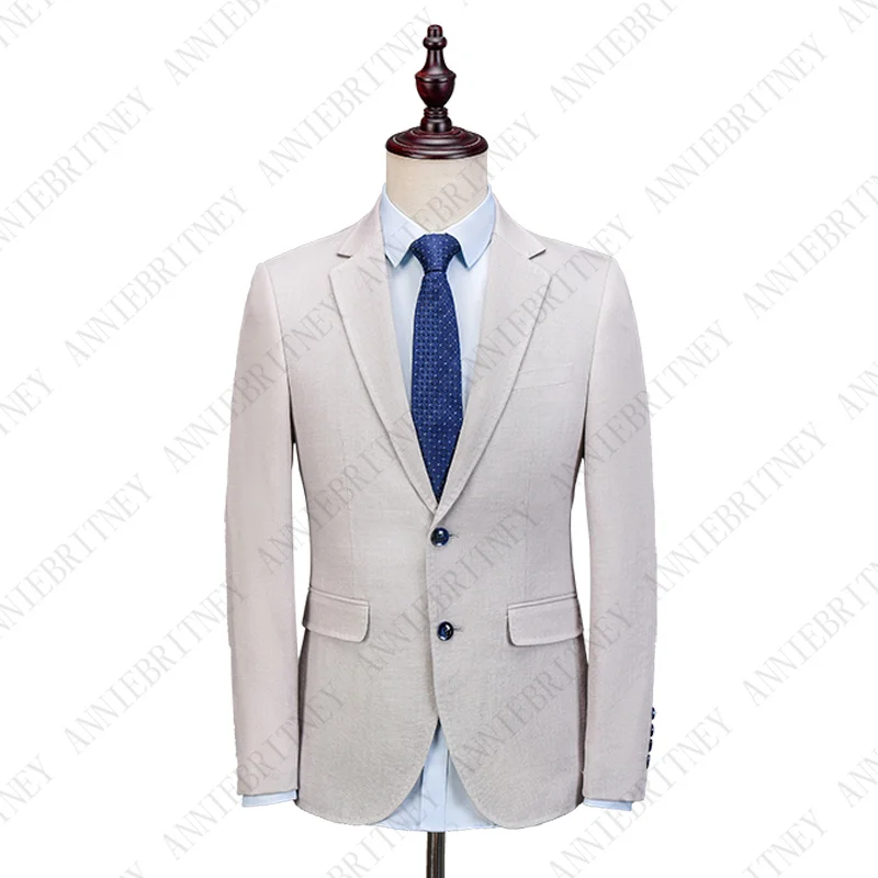 

ANNIEBRITNEY 2019 Latest Beige Inory Linen Men Suit Set Tuxedo Slim Fit Jacket Groom Blazer Custom Made Big Size Suits for Men