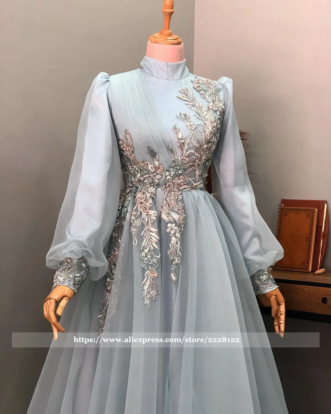 High Neck Muslim Evening Gowns for Women Formal Dress Elegant Dubai A-Line Lace Beads Tulle Long Sleeves Prom Dresses Plus Size