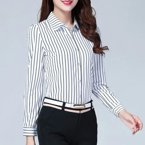 세로 줄무늬 블라우스 여성, 봄 흑백 오피스 레이디 셔츠 자기 재배 시폰 여성 셔츠