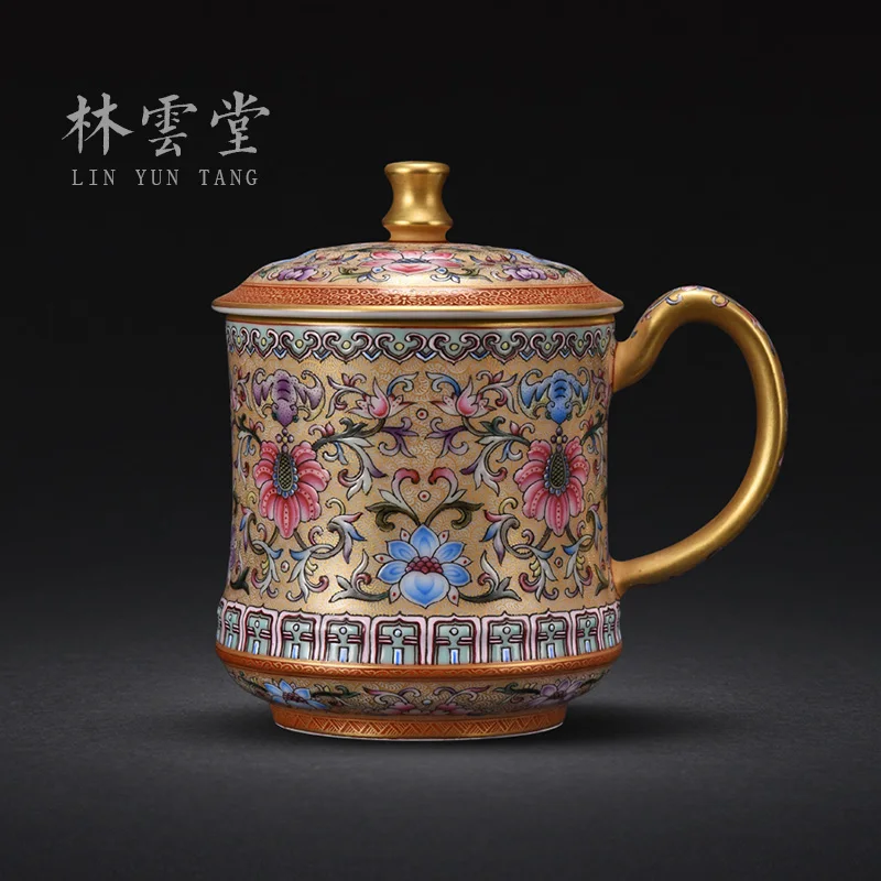 hand-painted bound branch treasure phase colored enamel office cup with cover cup of jingdezhen ceramic tea cup by hand