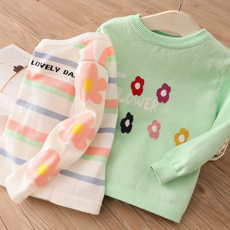 

2021 Autumn Spring 2 3 4-10 Years Kids Children'S Clothing O-Neck Candy Flower Floral Striped Baby Girl Knitted Pullover Sweater