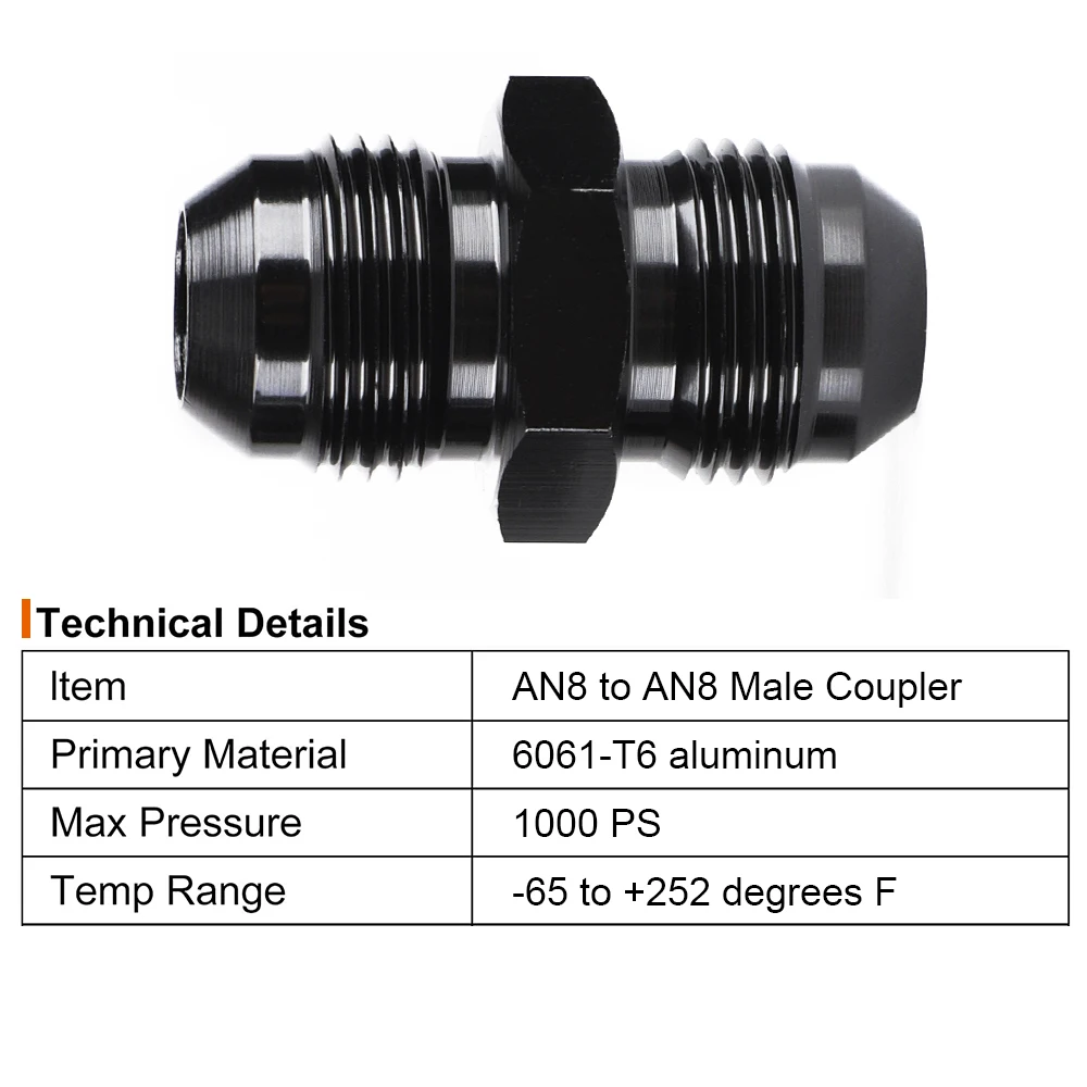 Óleo Combustível Mangueira End Adapter, um macho para um acoplador macho, Straight Alumínio União Alargamento, AN4, AN6, AN8, AN10