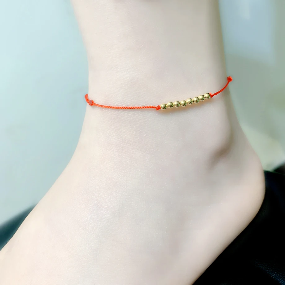 

NYMPH Real 18K AU750 Gold Ball Anklet Adjustable Red Rope for Women Fine Jewelry Gift J570