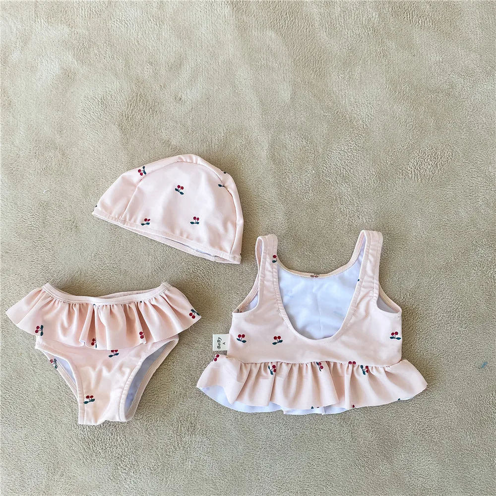 Summer Newborn Baby Girls Split Swimsuits Cherry Printed Korean Style Beach Vacation Infants Backless Swimwear Kids Clothes