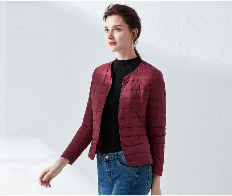 Women's Ultralight Down Liner Jacket, Collarless Packable Puffer Coat, Warm Thin Winter Layer, O-Neck Portable Padded Parka