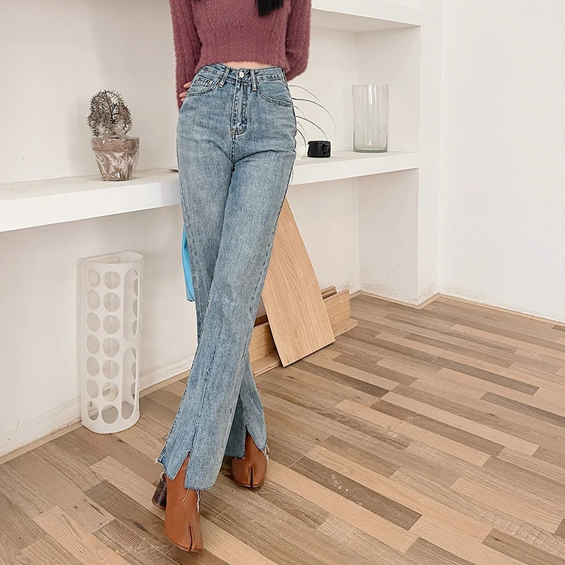 Ripped Front Split New High Waist Straight Jeans Women Vintage Classic Boyfriend High Street Full Length Denim Pants Trousers
