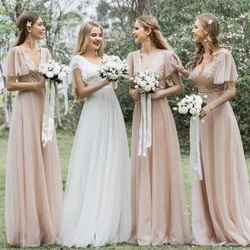 Staubigen Rosa Elegante Formale Hochzeit Brautjungfer Kleid Tiefe V-ausschnitt Kurzarm Pailletten Tüll Bodenlangen Abend Party Kleider Neue