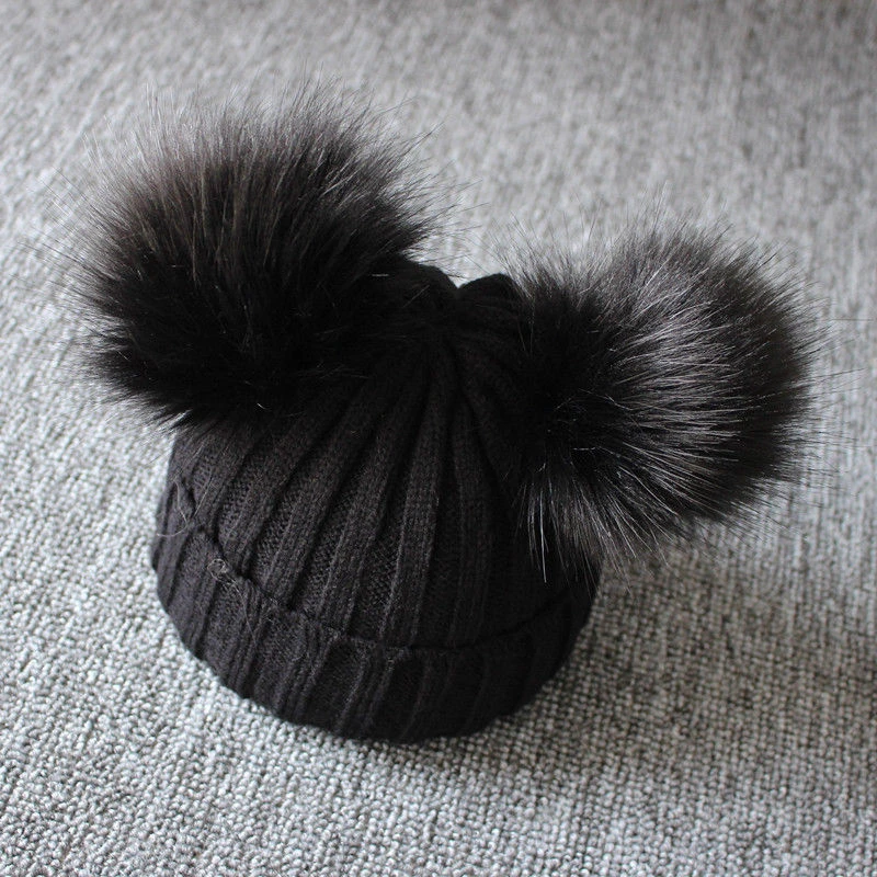 Winter Wool Knitted Hat Children Infant Newborn Kids Baby Caps Beanie with Two Double Pom Pom Beanie for Boys Girl 1-3 Years