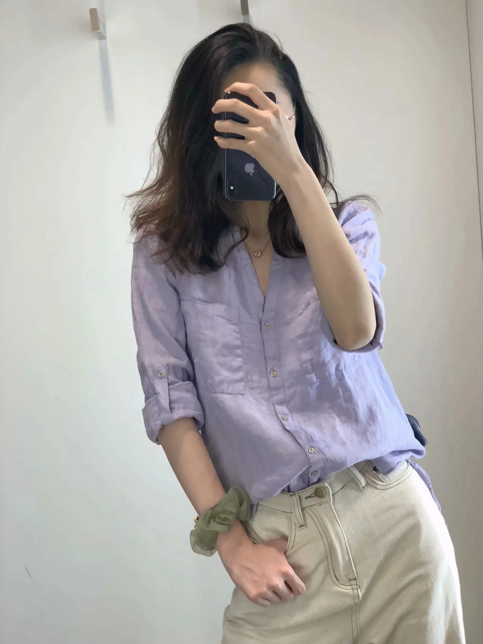 2021 Summer New Style Fresh Fragrant Taro Purple Pocket Decoration Linen V-neck Shirt Blouse With Adjustable Sleeve Length