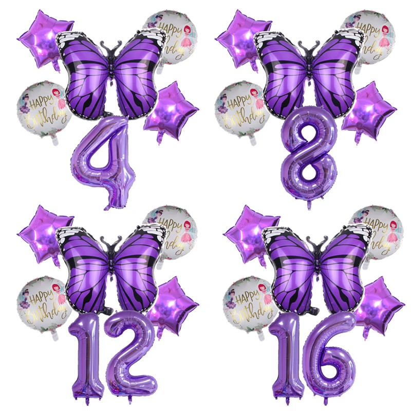 6pcs Purple Butterfly Foil Balloons Set 40inch Purple Number Helium Balloon Birthday Party Decorations Kids Baby Showers Girl