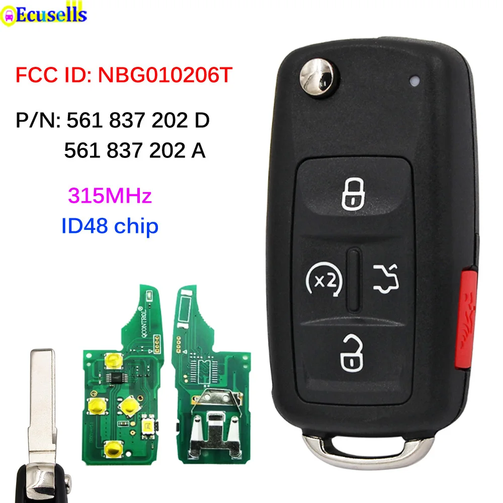 5B Flip Remote Key 315MHz for VW Jetta Passat CC Tiguan Touareg Beetle Golf FCC ID: NBG010206T P/N: 561 837 202 D, 561 837 202 A