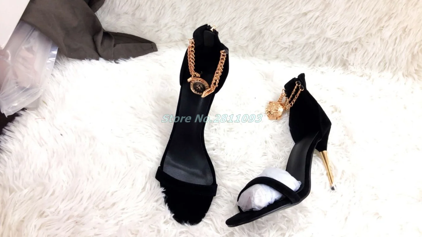 Black and Gold Chains Evening Shoes Sexy Stiletto Heels Sandals Suede Thin High Heels Ankle Metal Chain Decor Summer Sandals