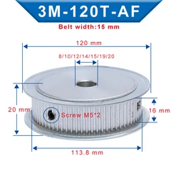 Timing Pulley 3M120T Inner Bore 8/10/12/14/15/19/20 mm Aluminum Belt Pulley Slot Width 16 mm For 3M-synchronous belt Width 15 mm
