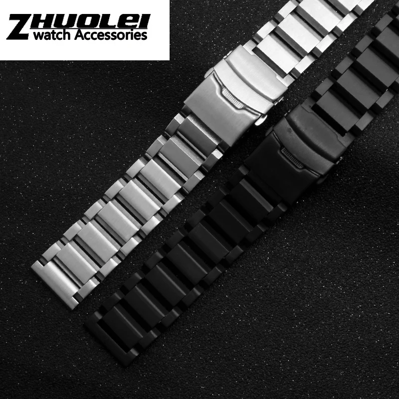 stainless steel watchband for men\'s silver PVD black bracelet straps 18mm 20mm 22mm 24mm