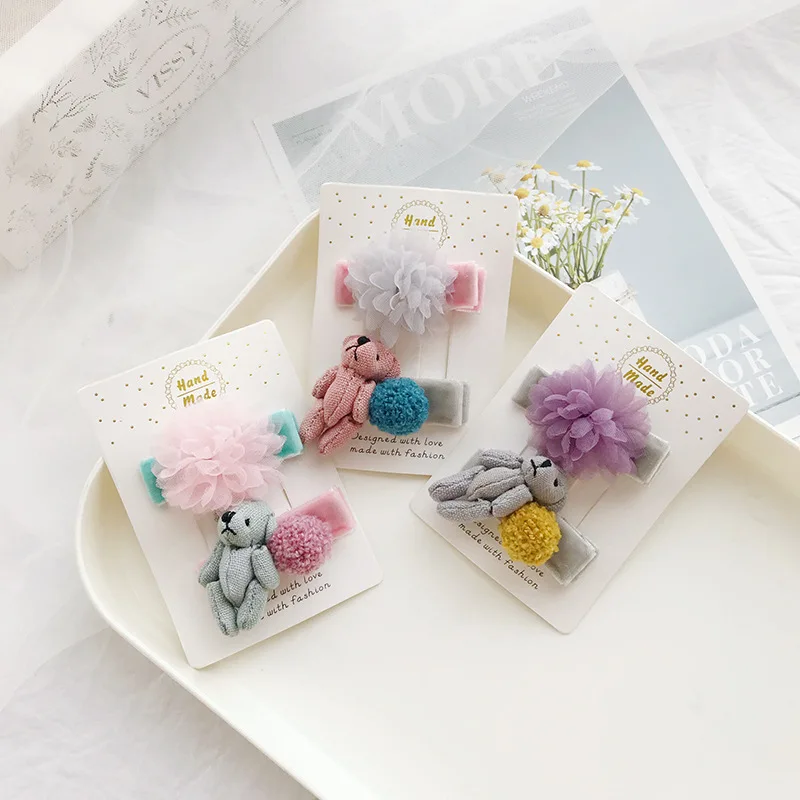 Boutique ins 12Sets Fashion Cute Pom Pom Bear Hairpins Solid Gauze Floral Hair Clips Princess Headwear Party Hair Accessories