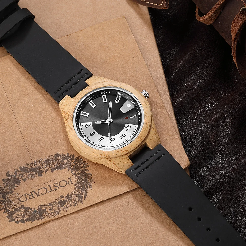 Unique Special Hour and Minute Functions Display Wooden Quartz Wristwatch Man Minimalist Retro Leather Man Clock Wood Timepieces