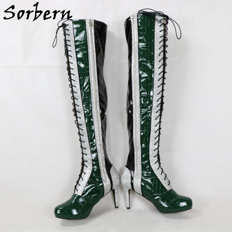 Sorbern Made-To-Order Green Crocodile Boots Women Crotch Thigh High Black Snake Glitter High Heels Platform Invisible Unisex